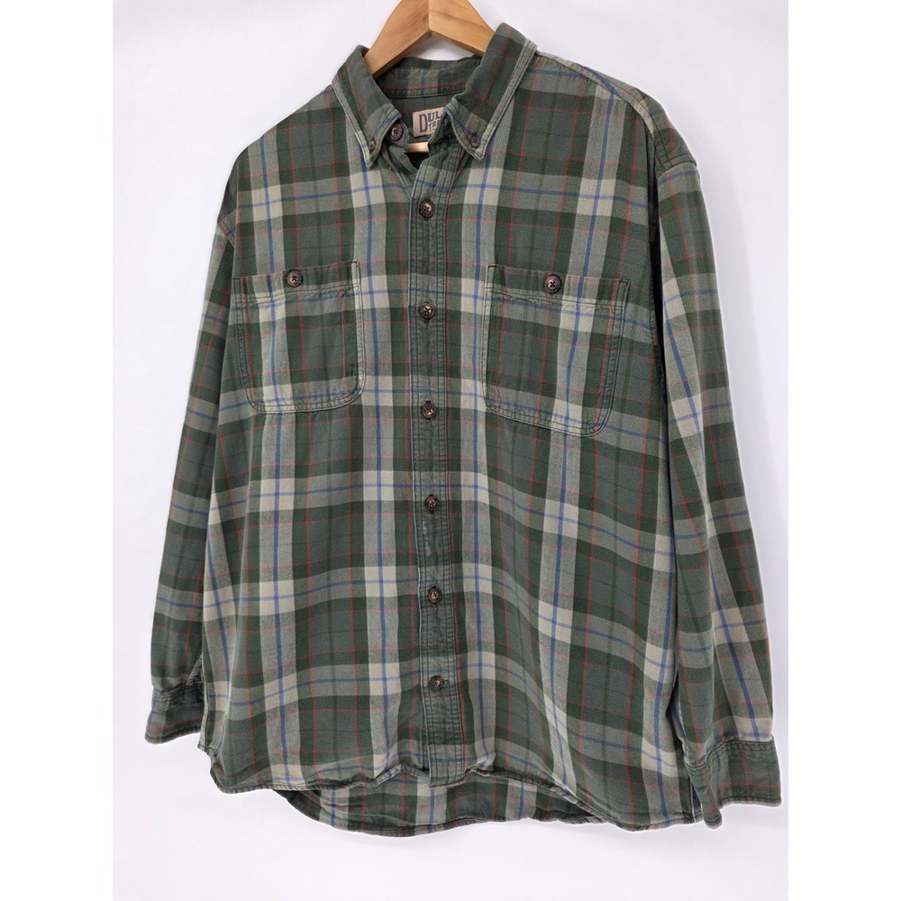 Duluth Trading Co Flannel Shirt Large Free Swingin Plaid Button Up Army Green